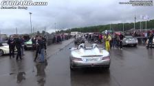 Mercedes SL-R Stirling Moss in the rain during Gumball through Sweden leaving Koenigsegg